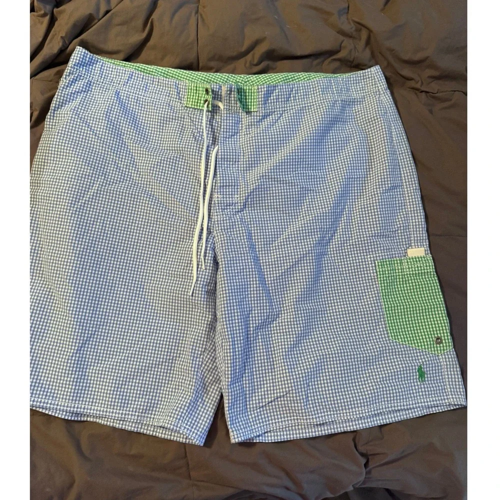 Polo Ralph Lauren Mens Blue Green Gingham Board Shorts Swim Trunks XL 40